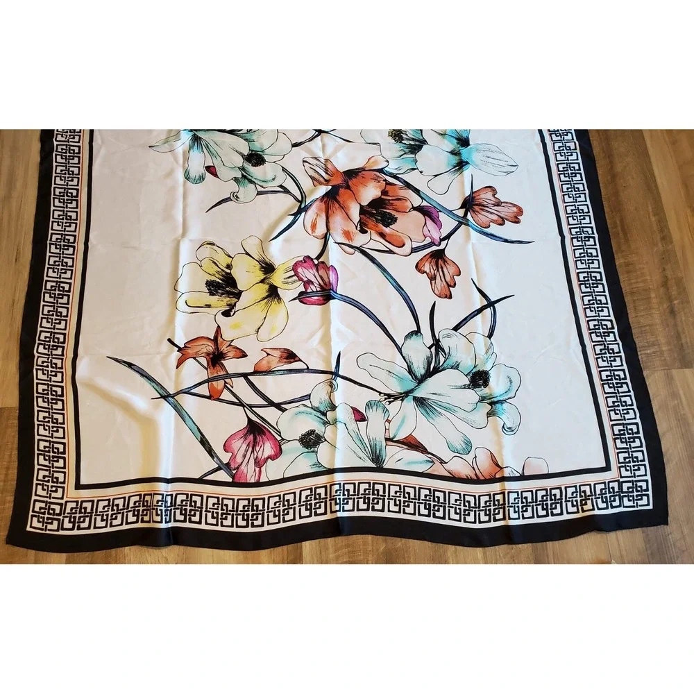 Chicos‎ Large Square Scarf Satin Floral with Black Geometric Border NEW with Tag